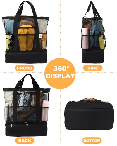 CaCTOUR Beach Bag with Cooler Compartment,Mesh Beach Bag Dry Wet Detachable with Zipper Pockets,Waterproof Sandproof Pool Bag - color: Black