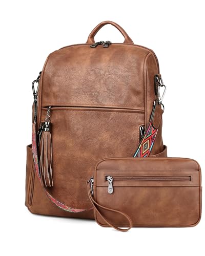 FADEON Womens Backpack Purse Large Designer PU Leather Laptop Backpacks, Ladies Computer Shoulder Bags (3 Brown Retro Style, Medium (14-in Height)) - color: 3 Brown Retro Style, size: Medium (14-in Height)