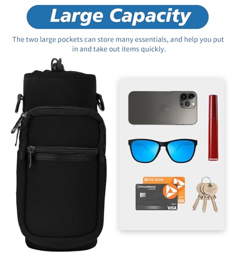 AceTreker 32 40 oz Water Bottle Carrier with Strap, Neoprene Water Bottle Sleeve Bag with 2 Pockets Insulated Flask Sling Holder for Walking Hiking Gym - color: A1. Black