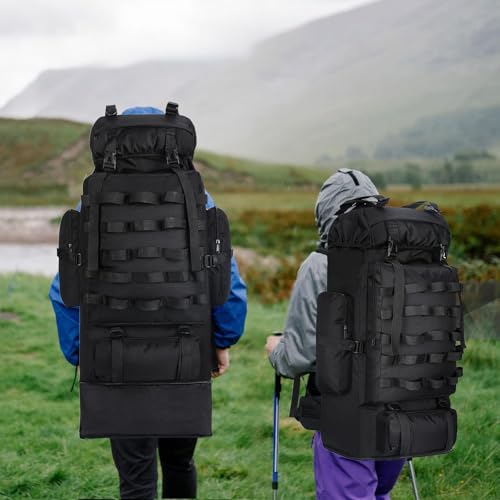 70L/100L Camping Hiking Backpack with Rain Cover, Expandable Large Military Tactical Backpack, Waterproof Molle Racksack Travel Backpacking Daypack for Climbing Trekking (Black) - color: Black