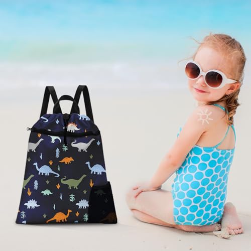 Funny Dinosaur Drawstring Backpack, 15” x 17” Waterproof Swim Bag for Beach Swimming Pool, Lightweight Foldable Gym Bag with Water Bottle Holder for Sports Travel - color: Funny Dinosaurs