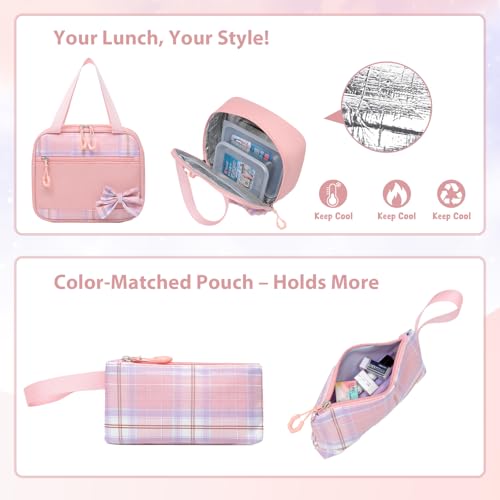 Alrisg Girls School Backpack Preppy Plaid Bookbag Lightweight Backpack for Girls Elementary Middle School Bow Pink Set - color: Pink, size: 17in Set