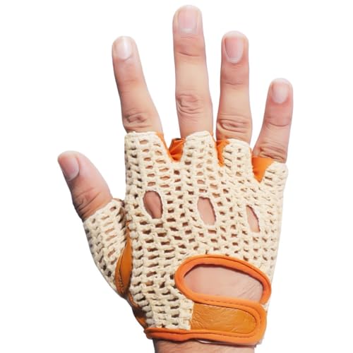 Real Soft Leather Crochet Net Fingerless Driving Weight Training Cycling Wheelchair Gloves W-1037 - color: Tan/White, size: Small