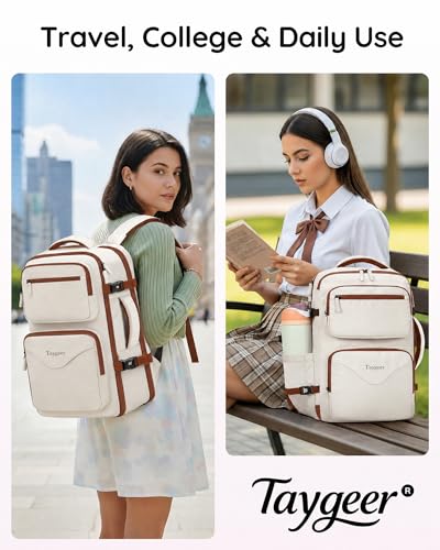 Taygeer Personal Item Bag 18 x 14 x 8 Inches for Women, TSA Approved Under Seat Carry on Backpack with Water Bottle Pocket and Shoe Pouch, Travel Bag for Airplanes Fits 15.6 Inch Laptop, Khaki White - color: Khaki White