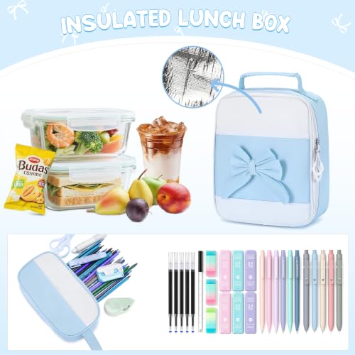 Kids Backpack for Girls, 3PCS School Backpack Set with Insulated Lunch Box & Pencil Case, Waterproof Lightweight Bookbag for Elementary & Middle School, Cute Bow Travel Daypack Blue-Beige - color: Blue-beige