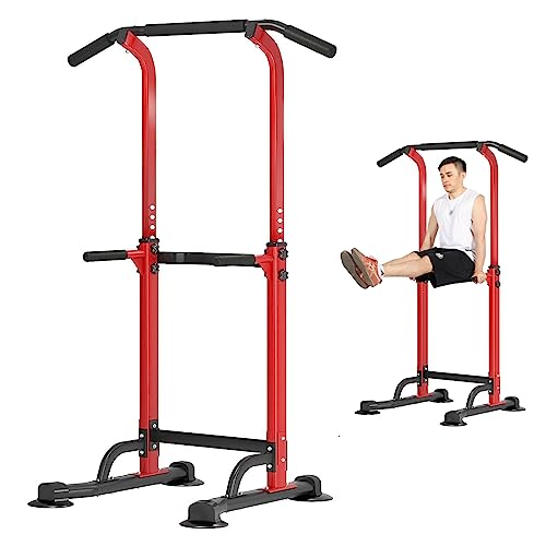 DlandHome Power Tower Pull Up Dip Station Multi-Function Fitness Equipment for Strength Training Adjustable Height Dip Stand for Home Gym - color: Red