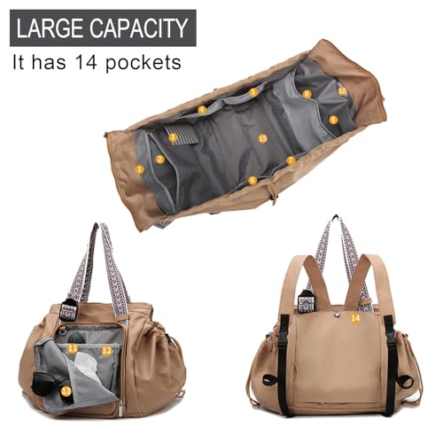 Everyday Bags for Women, Multifunctional Travel Organizer Bag, Large Capacity Tote Backpack, Large Diaper Bag with 15 Pockets, Crossbody and Shoulder Bag (khaki) - color: Khaki