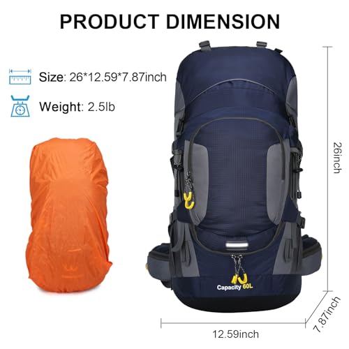 ShowyLive 60L Waterproof Hiking and Camping Backpack for Men - Durable, Lightweight Large Hiking Backpack with Rain Cover, Multi Compartments, and Adjustable Straps, Blue - color: Blue, size: 60L