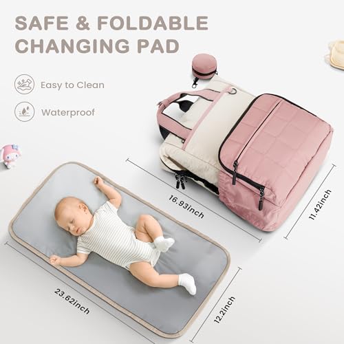 VONAL Diaper Bag Backpack, Lightweight Baby Diaper Bags, Travel Large Diaper Bag with Changing Station, Pink Diaper Backpack for Boys Girls Newborn with Insulated Pockets, Stroller Straps - color: Pink