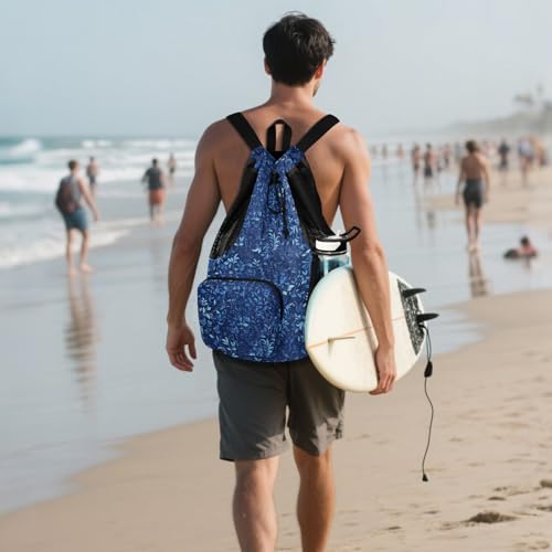 Yuiboo Dark Blue Leaves Drawstring Backpack Gym Swim Bag with Water Bottle Pocket String Backpack Bag Wet and Dry Separation