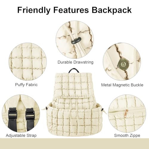 XSUIOY Quilted Backpack Purse for Women Small Lightweight Puffer Puffy College Laptop Backpack Nylon Casual Bookbag Daypack Top Flap Drawstring Padding Hiker Travel Gym Backpack(Beige) - color: Beige