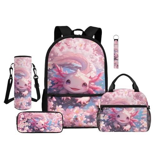 ZDCUSTOM Girls Backpack with Lunch Box, Axolotl School Backpack for 1st Grade, Cute Bookbag for Little Girls Schoolbags with Pencil Case Water Bottle Holder Keychain, Back to School Gifts - color: Cute Axolotl
