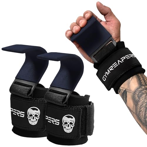 Gymreapers Weight Lifting Hooks (Pair), Heavy Duty Power Wrist Straps Hand Grip Support For Deadlifts, Pull Ups, Shrugs - Gym Gloves For Men and Women - color: Navy