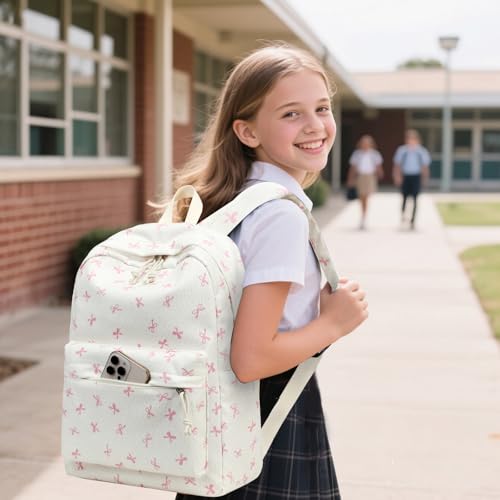 LEDAOU Kids Backpack for Girls Backpacks with Lunch Box, Lightweight Bookbag Set Elementary Middle School Back pack for 8-14 - color: Beige Bowknot
