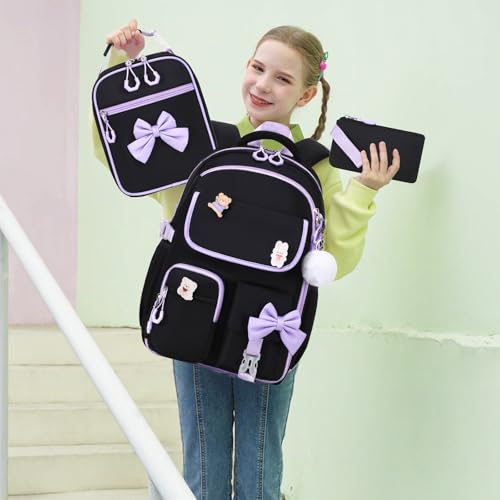 ACESAK Girls Backpack - 3PCS Backpack for Girls Cute School Backpacks for Girl Kindergarten Elementary Preschool Middle Kids School Bags with Lunch Box Pencil Case Set (Black-Purple) - color: Black Purple
