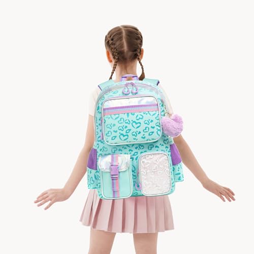 Meetbelify Aesthetic Backpack for Elementary Student with Lunch Box - Cute Bookbag for Girls 8-10 - color: 3pcs Green Love