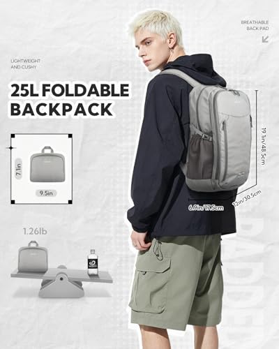 WATERFLY Lightweight Packable Backpack, 25L Small Foldable Travel Daypack | Multi-Pocket with Luggage Strap, Breathable Back Pad, Comfortable to wear, Easy to Fold, Compact Day Pack for Hiking Outdoor - color: Grey