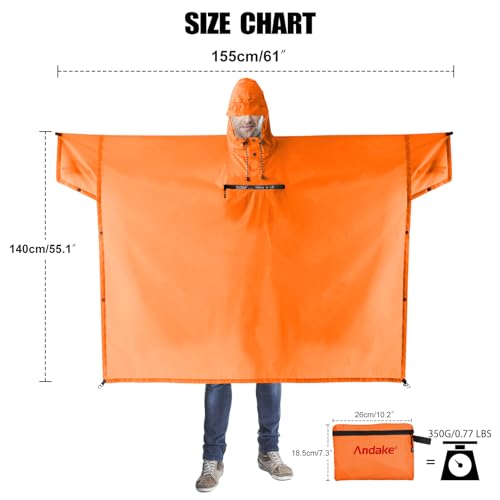 Andake Waterproof Rain Poncho for Adults Unisex,230T Ripstop Polyester,Raincoat Gear with Transparent Viewing Window Outdoors - color: Orange
