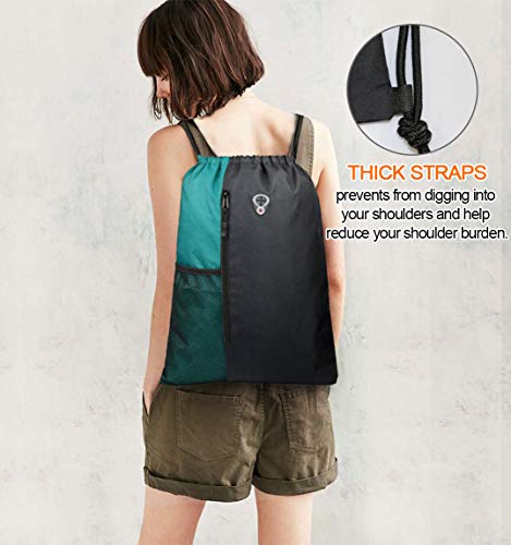 Drawstring Backpack Sports Gym Bag for Women Men Large Lightweight Backpack with Zipper and Water Bottle Mesh Pockets (Black/Teal) - color: Black/Teal, style: Drawstring With Mesh Pocket