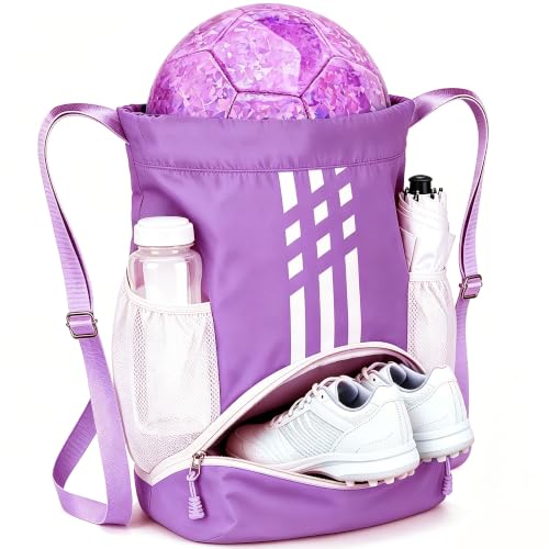 Soccer Bag, Youth Soccer Basketball Bag with Compartments Drawstring Backpack for Football Volleyball Gym Training (Purple) - color: Purple