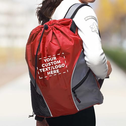 DISCOUNT PROMOS Custom Sporter Drawstring Backpacks Set of 1, Personalized Text, Logo, and Image - Cinch Bag, Gym Bag, Travel Backpack, Compact and Lightweight, Unisex Backpack - Red - color: - Custom - Red, size: 1 drawstring bag