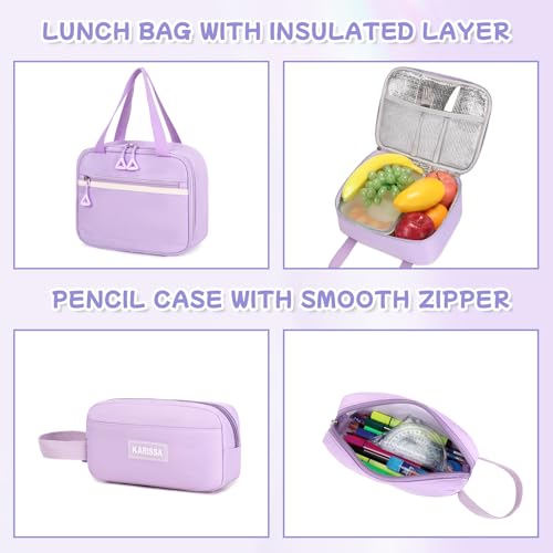 Girls Backpack, 3pcs Sets Kids Backpack for Girls with Anti-theft Back Pocket, Lightweight School Backpacks Water Resistant Lunch Bag with Pencil case for Elementary Primary School, Purple - color: Purple 3pcs