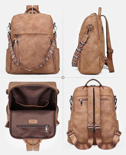 FADEON Leather Backpack Purse for Women Designer Travel Backpack Purses PU Fashion Ladies Shoulder Bag with Tassel - color: Retro Camel Brown Nubuck Style