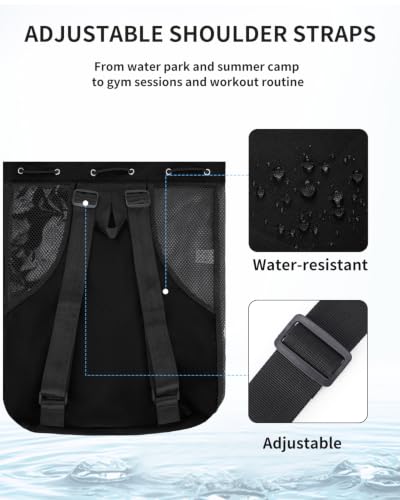 WANDF Mesh Swim Bag, Drawstring Beach Backpack - color: Black, size: Large