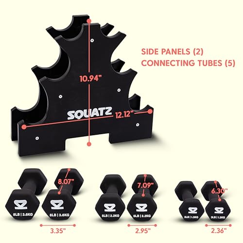 SQUATZ Dumbbell Weights Set with Stand, 32lbs Neoprene Coated Weights in Color Gray, Black, and Orange, Hex Shape Anti Slip and Roll Dumbbells for Exercise, Training, Fitness, Yoga - color: Black