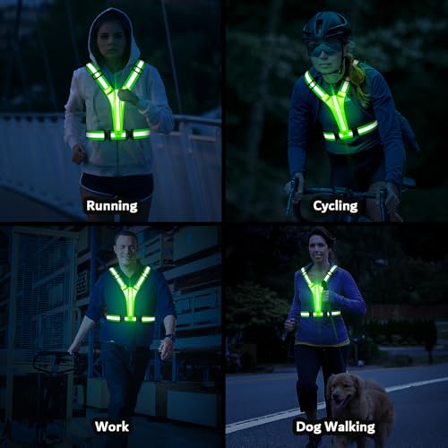 Fokia Kunbio LED Reflective Running Vest Gear,Light Up Vest Runners Night Walking USB Rechargeable,Up to 11hrs Light with Adjustable Waist/Shoulder for Women Men Kids - color: Green
