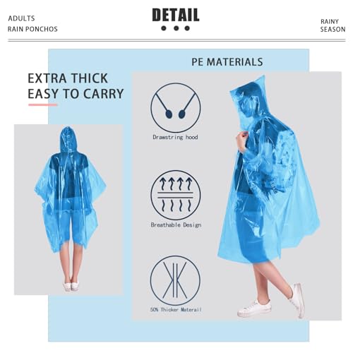 TUNCHMO Disposable Rain Ponchos 6 Pack for Adults/Kids/Family Set-50% Thicker Emergency Ponchos - color: Adults Blue 6 Pack