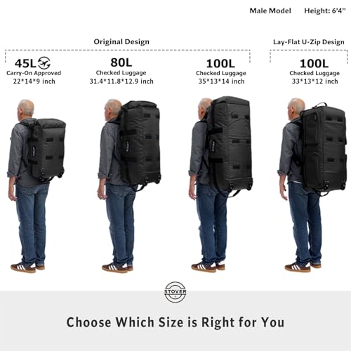 STOVER 45/80/100L Carry-On Rolling Duffel Bag with Wheels, Medium Durable Travel Duffle w/Toiletry Bag, Packable, Foldable with Shoulder Straps- Use as Luggage or Backpack, Men/Women (Green) - color: Green