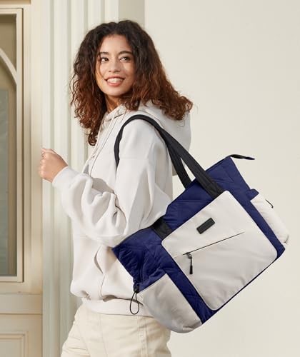LOVEVOOK Tote Bag for Women, puffer tote bag for Work Travel Nurse, Lightweight quilted Bags with Compartments - color: M-15.6 Inch-navy-beige-black