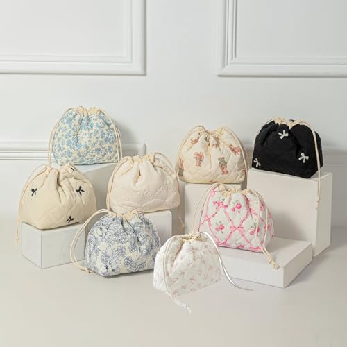Cotton Quilted Drawstring Makeup Bag with Canvas Lining,Coquette Aesthetic Cute Travel Toiletry Bag,Drawstring Gift Bag for Women and Girls(12White Small Bow) - color: 12White Small Bow