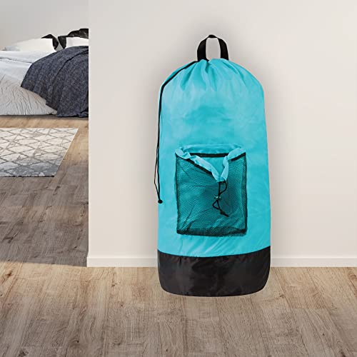 Turquoise Laundry Backpack with Mesh Pocket, Adjustable Straps and Drawstring Closure - Large Portable Hamper for College, Apartment and Laundromat - color: Turquoise