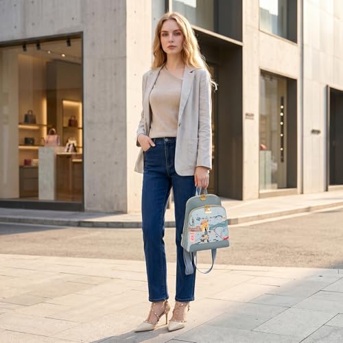 Venetti Cityscape Illustration Mini Backpack for Women and Girls, Cute Small Backpack Purse with Multi-Pocket and Zipper, Light Print Shoulder Bag Leather for Travel Daily Use VN-HB-001-BL - color: Blue