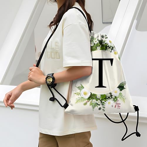 Initial Letter Drawstring Backpack String Sports Gym Bags Waterproof Sackpack Cute for Men Women Beach (13"×17") (Letter-T) - color: Letter-t