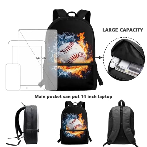 ZOUTAIRONG Flaming Water Baseball Design Casual Backpack for School and Small Thermos School Bags for Girls 7-10/10-12/12-16, Casual Book Bag with 2 Side Pockets - color: Flaming Water Baseball Design
