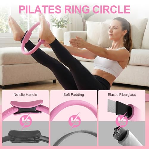 Home Pilates Ring and Ball Set for Women with 5 Resistance Bands 13 inch Magic Circle Workout Starter Kit for Beginners Full Body Toning 15 Min Daily Routine - color: Pink Mix