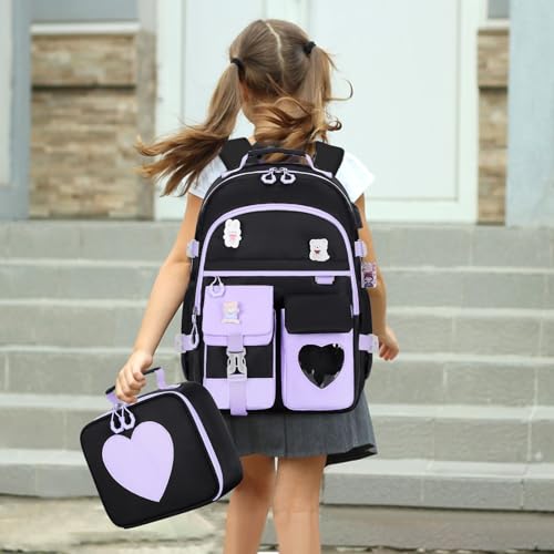 ACESAK Backpack for Girls - Bookbag Backpacks Schoolbag for Girls Kids Teen Women Casual Travel Daypacks - School Bag Elementary Middle School College Cute Backpack with Lunch Box (Purple Black) - color: Purple Black