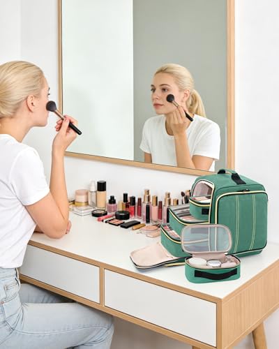 BALULHG Large Travel Makeup Bag - Cosmetic Organizer with 4 Removable transparent Inner Pockets, Multi-functional Toiletry Bag for Accessories & Brushes, Women's Beauty Case,Patent Pending - color: Green