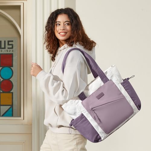 LOVEVOOK Tote Bag for Women, puffer tote bag for Work Travel Nurse, Lightweight quilted Bags with Compartments - color: m-15.6 Inch-cream-purple