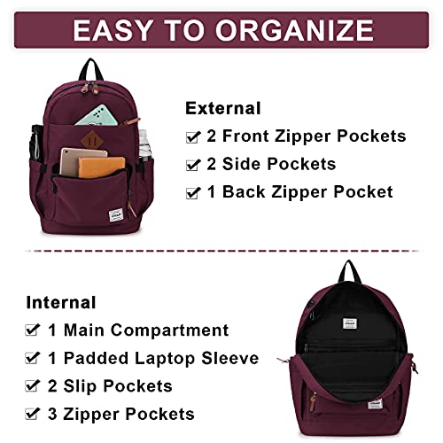 RAVUO School Backpack for Men Women, Water Resistant 15.6 inch Laptop Bag College Bookbag Casual Daypack Travel Rucksack - color: Burgundy