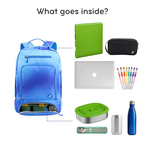 J World New York 2-in-1 Insulated Backpack Lunch Box for Kids. Adult School Bookbag, Blue Gradient, 17 x 13 x 9 Inches - color: Blue Gradient
