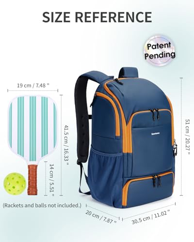 sportsnew Pickleball Bag Large Sports Pickleball Backpack with Shoe Compartment for Men Women, Patent Pending - color: Navy Blue