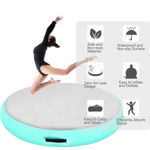 Inflatable Gymnastic Air Spot Mat Tumbling Exercise Yoga Training Mat With Pump, Inflatable Round Springboard Air Roller Gym Floor Track For Home Use/Cheerleading/Water - color: mint green