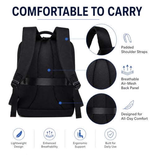 Business Laptop Backpack for Men and Women, Water-Resistant Travel Backpack Fits 15.6 Inch Laptop, Lightweight Work Backpack with USB-Free Smart Organization for Office, Commute and Travel