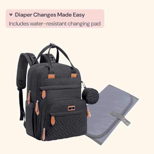 BabbleRoo Diaper Bag Backpack - Baby Essentials Travel Tote - Multi Function Water Resistant Diaper Bag, Travel Essentials Baby Bag with Changing Pad, Stroller Straps & Pacifier Case - Unisex, Black - color: Black, size: Large