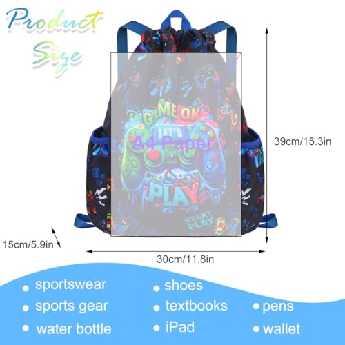 RHCPFOVR Drawstring Backpack for Kids - Game Bags for Girls Gym Dance Beach Swim Travel Bag With Two Water Bottle Holder - color: Dinosaur