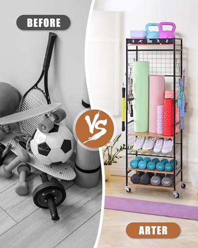 Mythinglogic Weight Rack for Dumbbells, Home Gym Storage for Yoga Mat Dumbbells Kettlebells and Strength Training Equipment, Dumbbell Rack with Wheels and Hanging Hooks - color: Black+Brown